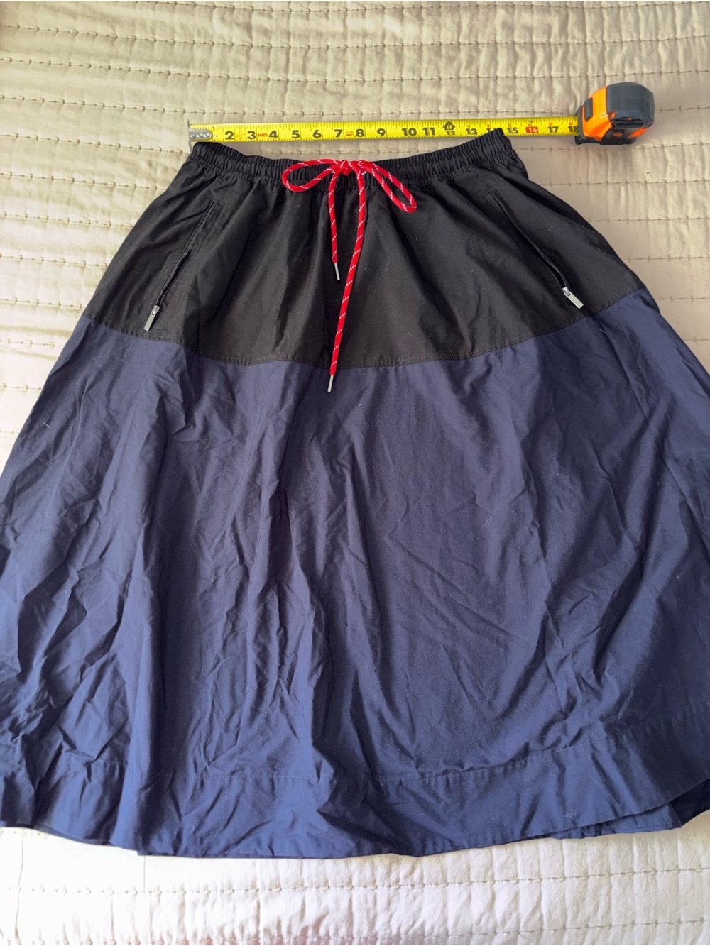 Two-Tone Black and Navy Drawstring Midi Skirt
